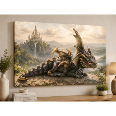 Grand château dragon fantaisie impression sur toile 24 x 36 pouces Royaume enchanté Decor créature magique salon chambre à coucher Gamer Home Decor - prêt à accrocher