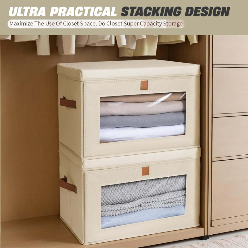 2 Pack Large Closet Storage Organizer – Collapsible Fabric Bins, Lidded Decorative Boxes, Handles & Window, Beige, Living Room Dorm