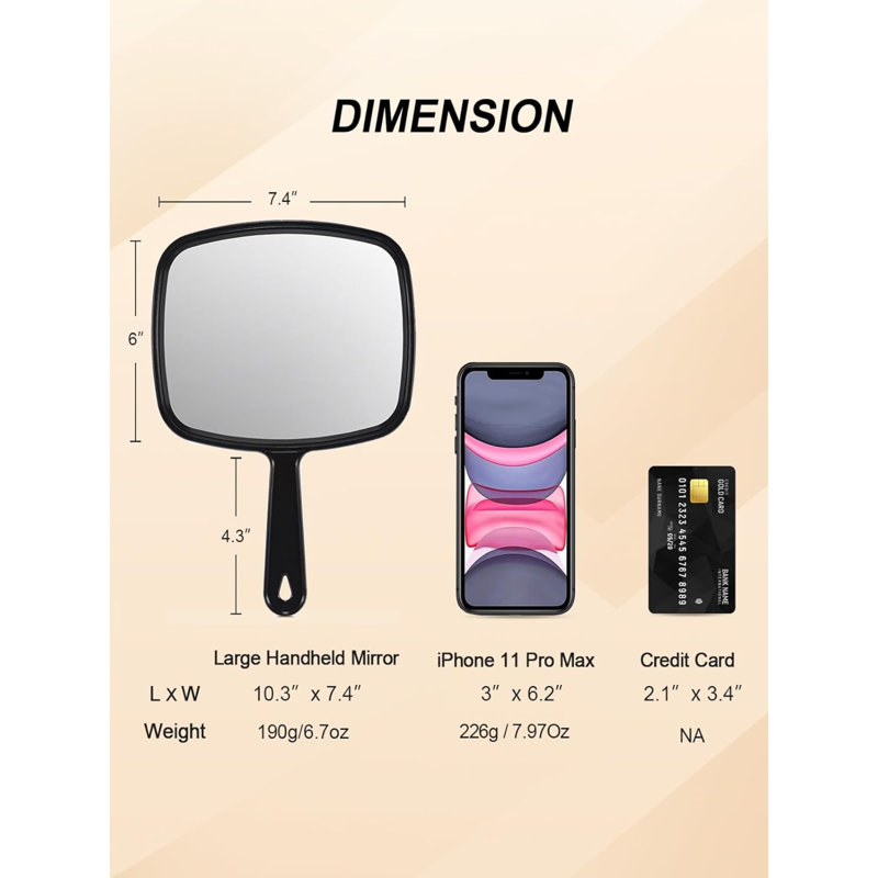 Hand Mirror Salon Barber Hairdressing Handheld Mirror With Handle (Square 7.4 X 10.3 Inches), Black