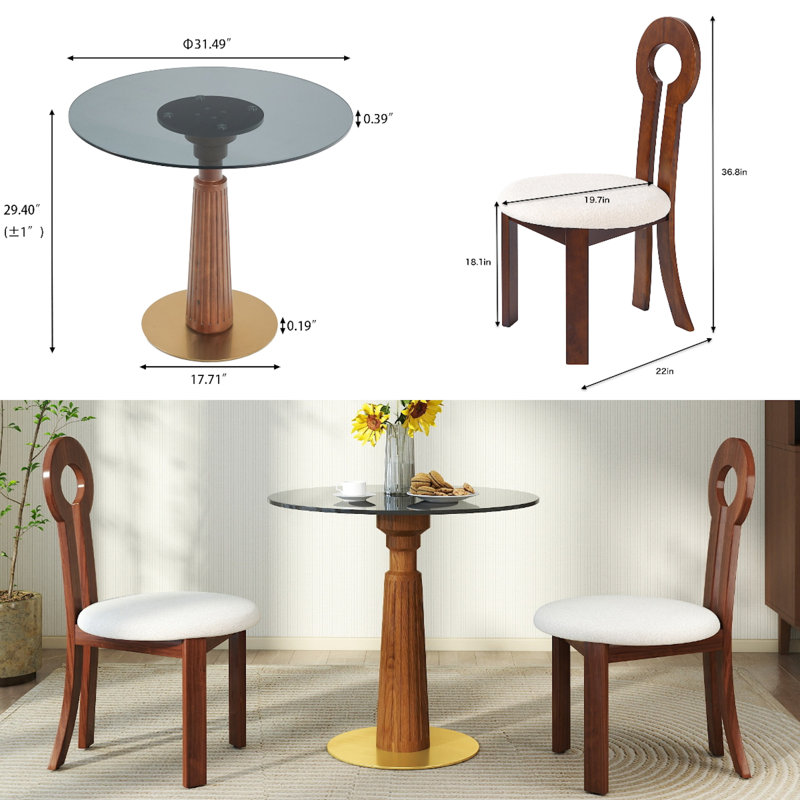 Ensemble de salle à manger moderne 3 pièces - Table de salle à manger ronde avec plateau en verre trempé et 2 chaises rembourrées avec dossier en anneau, base en noyer et or