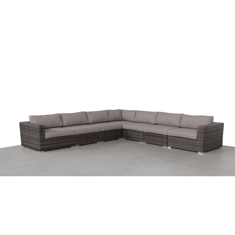 Foxtrot Fully Assembled 122'' Wide Outdoor Wicker Patio Sectional with Cushions, Sunbrella Taupe Cushion/Brown Frame