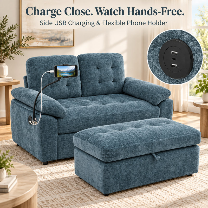 Causeuse en chenille de 56 po avec dossier réglable manuellement, repose-pieds de rangement, port de chargement USB et support pour téléphone Ordeluvique