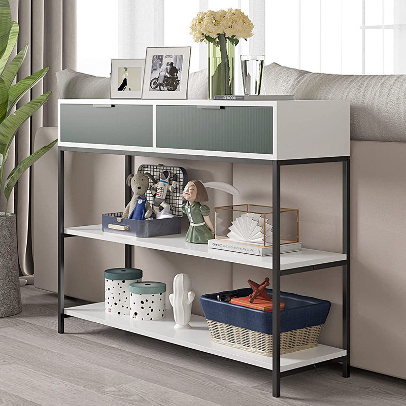 Narrow Console Table With 2 Storage Shelves For Entryway, Modern Sofa Table With 2 Drawers, Side Table With Stable Metal Support For Living Room, Hallway, Easy Assembly, 39 Inch, Green