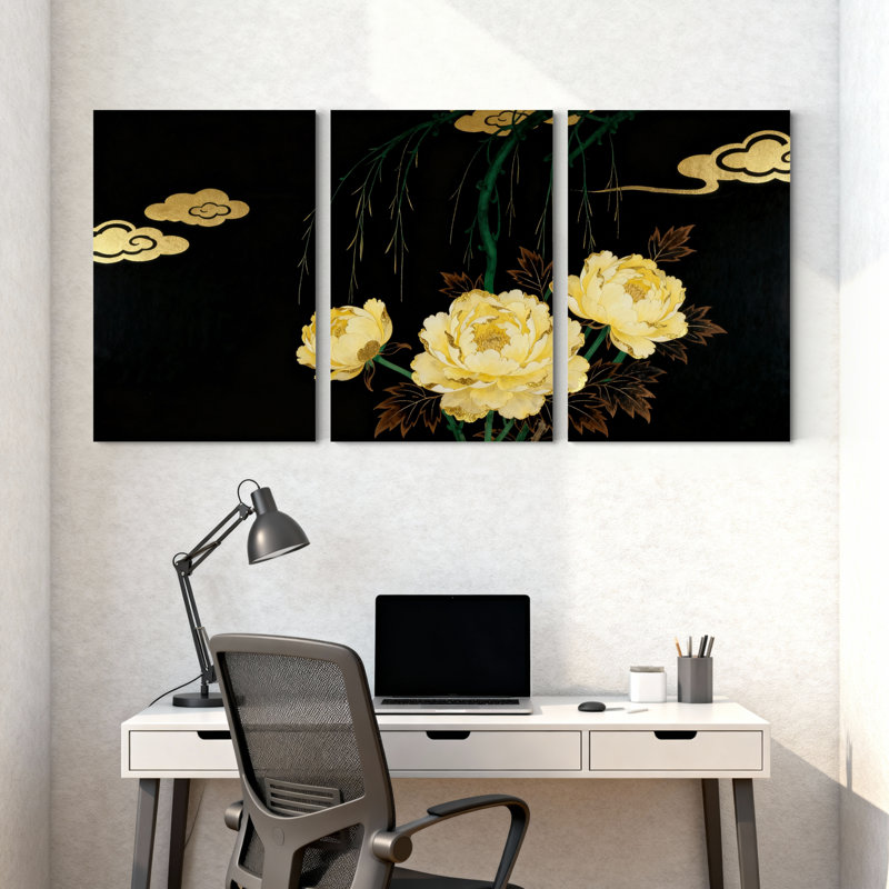 Pivoine fleurs dorées sur fond noir avec nuages, ensemble de 3 impressions sur toile, H 30 po x l 60 po