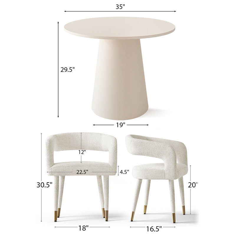 Modern 35" White Round Dining Set For 2 With Chenille Armchairs, Beige