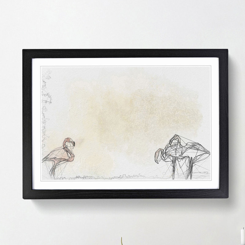 Three Flamingo Birds in Abstract - Framed Print, Black, 50cm H x 76cm W x 2cm D