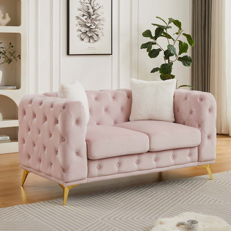Canapé en velours de luxe moderne avec accents matelassés Chesterfield, comprend 2 coussins et pieds en métal, Rose