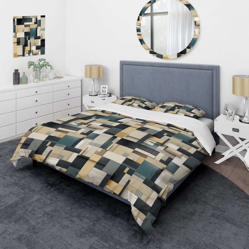 Literie taupe à blocs géométriques Harmony I, Housse de couette simple + 1 taie décorative stan