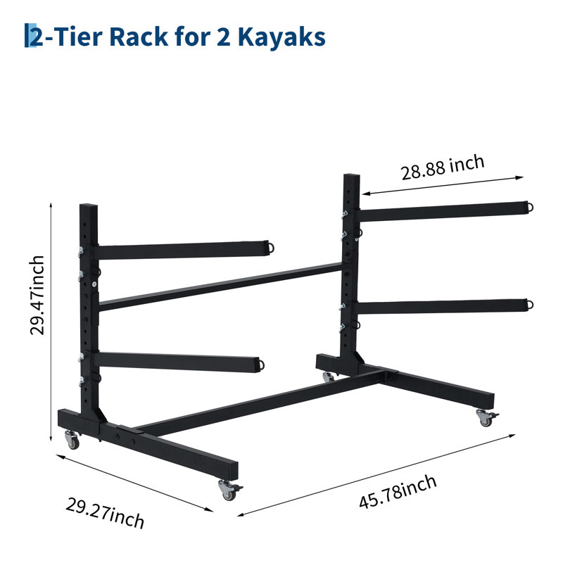 Support de rangement pour kayak autoportant à 2 niveaux avec roues, support robuste et réglable pour canots, kayaks, SUP et planches de surf