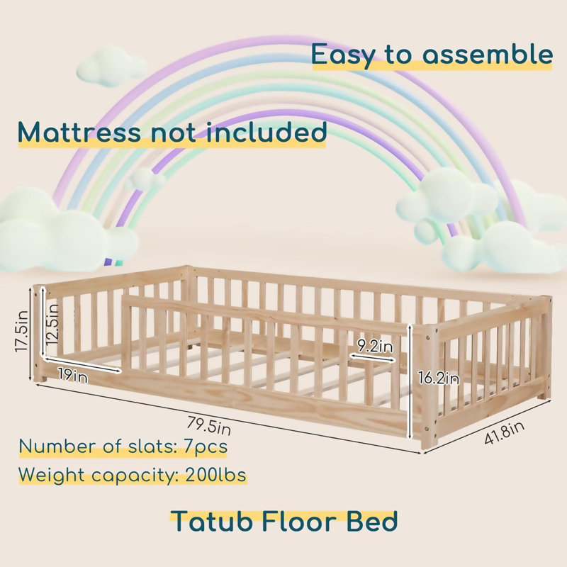 Twin Size Floor Bed For Kids With Safety Guardrails And Door And Slats,Without Door, Brown