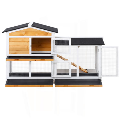 2-Story Rabbit Hutch Wooden Bunny Hutch Cage Small Animal House with Ramp, No Leak Tray, Weatherproof Roof and Outdoor Run, Indoor/Outdoor, Yellow