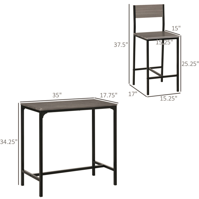 3 Piece Bar Table and Chairs, Industrial Dining Table Set for 2, Counter Height Kitchen Table with Bar stools