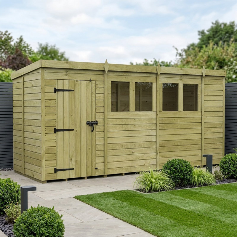 Total Sheds 14ft x 5ft Pent Garden Shed - Single Door - With Windows - Pressure Treated Timber - UK Manufactured
