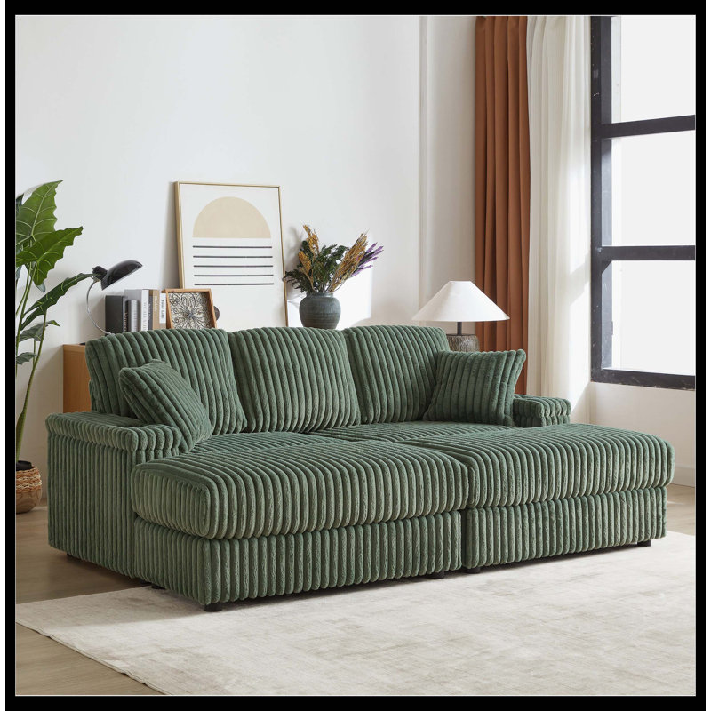 Canapé de 84 pouces en velours côtelé 3 places avec 3 coussins de dossier, 2 coussins décoratifs, 2 repose-pieds, 2 espaces de rangement et cannelures de maintien des tasses Canapé confortable pour le salon