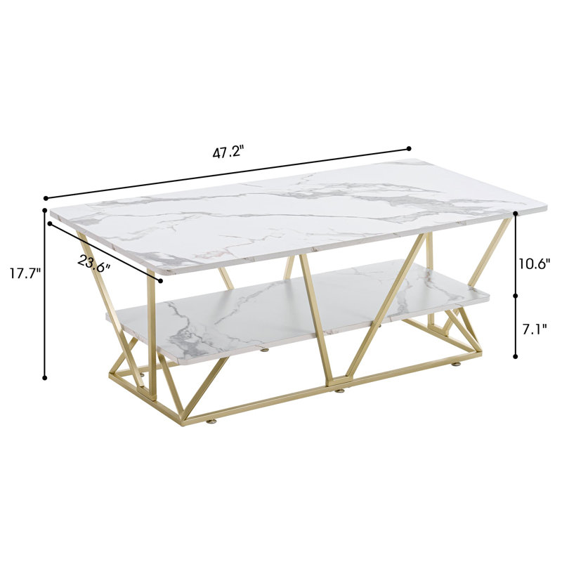 Faux Marble Coffee Table - 2 Tier Open Shelf, Metal Frame, and Geometric Design, White