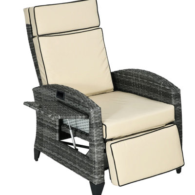 Fauteuil inclinable d'extérieur avec tablette latérale intégrée, inclinaison à 140°, rembourrage moelleux, structure en acier, poids maximal supporté : 160 kg, coloris gris chiné, tablette rétractable, repose-pieds confortable