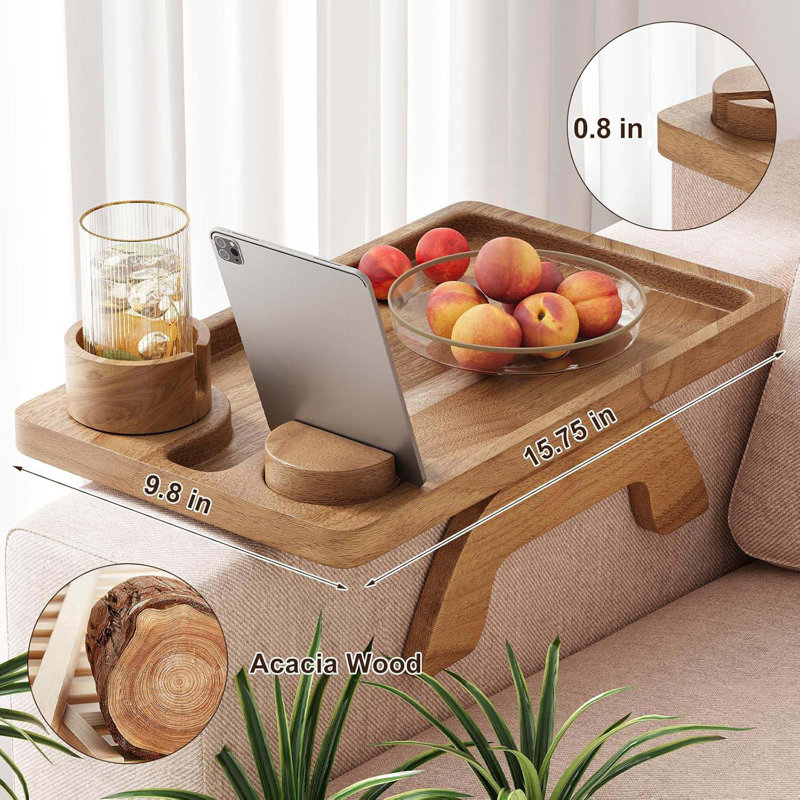 Acacia Wood Sofa Arm Table - 3 In 1 Tray With 360 Phone Holder, Foldable Cup Holder, Clip On Side Table For Wide Couch, Armrest Organizer For Eating/Drink/Snack/Remote