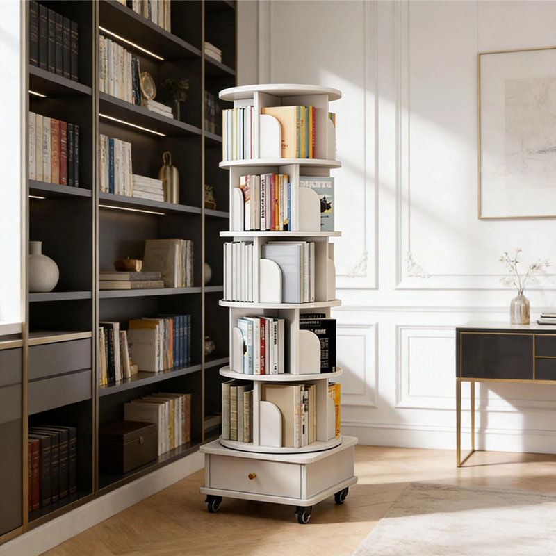 Bibliothèque pivotante à 5 niveaux avec tiroir et roulettes 360 °, organisateur de rangement mobile blanc, Blanc