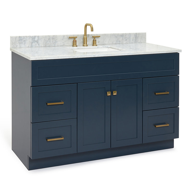 Partham 55'' Single Bathroom Vanity with Carrara Marble Top, Midnight Blue