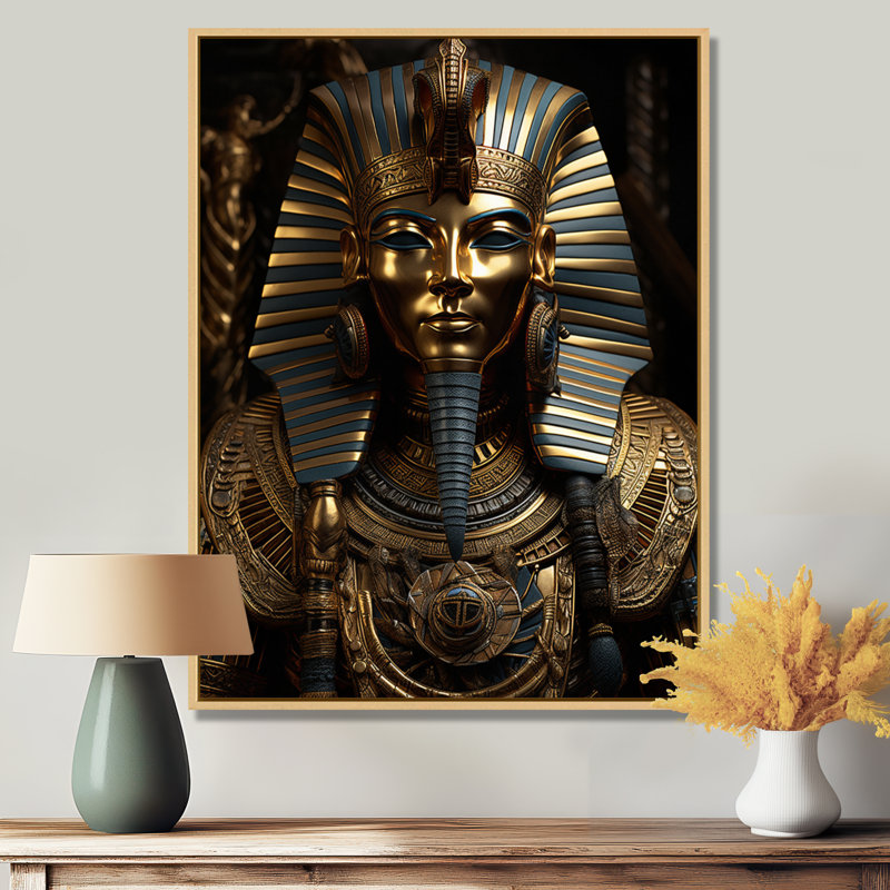 Égypte, pharaon doré sur toile, H 44 po x l 34 po x P 1,5 po, Cadre flottant érable