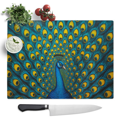 Peacock Geometric  Glass Chopping Board