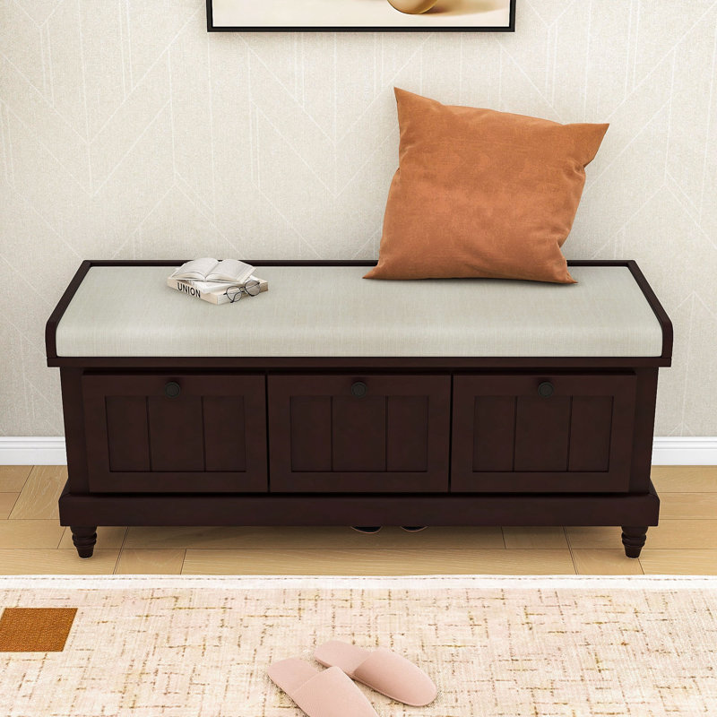 Fluted Entryway Bench with Cushion, 3 Storage Drawers and Hidden Compartment, Espresso