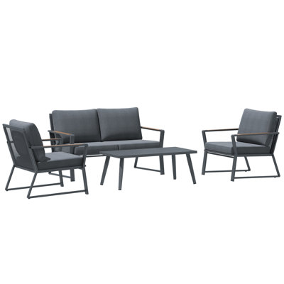 Aluminum 4-Piece Patio Conversation Set with Thick Cushions and Slat-Top Coffee Table