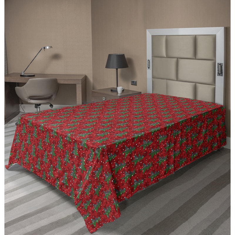 Drap plat moderne de style bohème Ambesonne, Rouge écarlate et vert / motif floral blanc, Drap plat pour lit simple TG