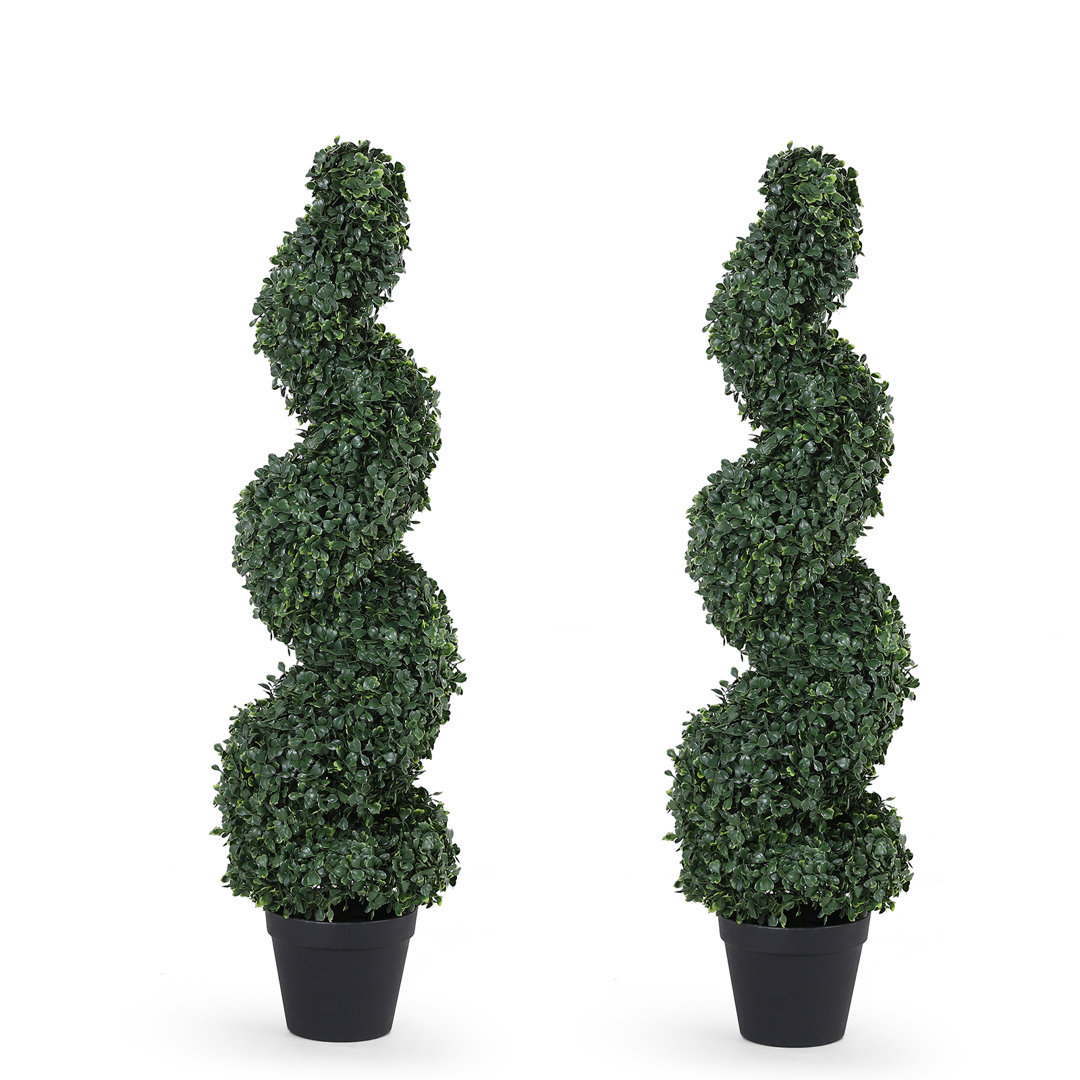 Artificial Boxwood Spiral Topiary ,Black Plastic Potted Tree (Set of 2) Primrue Flower