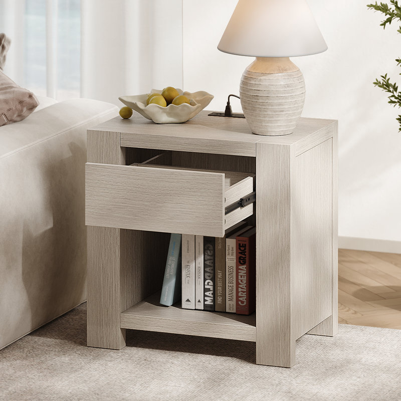 Table de chevet 1 tiroir 23,6 po avec station de charge, chêne clair, Singulier