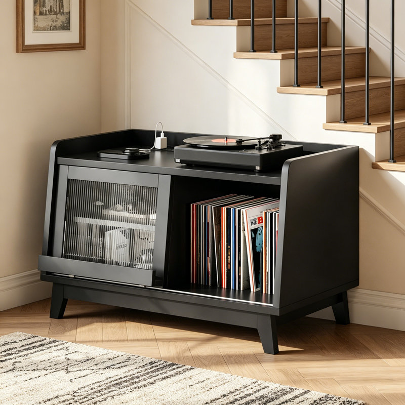 Record Player Stand with Vinyl Storage for 200 Albums, Turntable Stand with Sliding Doors Charging Station Adjustable Shelf for Living Room