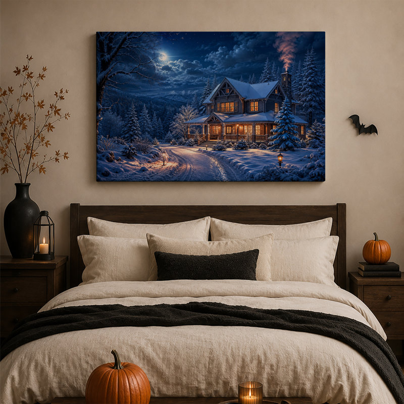 Tableau mural sur toile représentant un chalet enneigé avec de la fumée de cheminée et une décoration d'Halloween