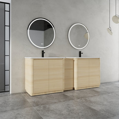 Meuble-lavabo autoportant de 213 cm avec lavabo en céramique blanche, 1 petite armoire de rangement et porte à fermeture douce