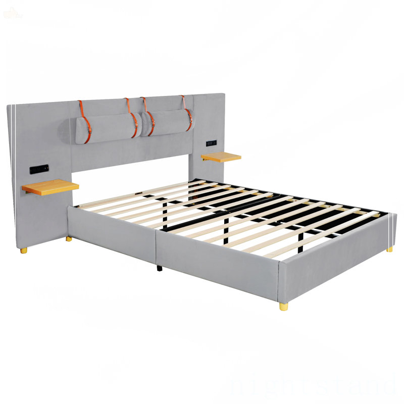 Grand lit plateforme tapissier, Gris