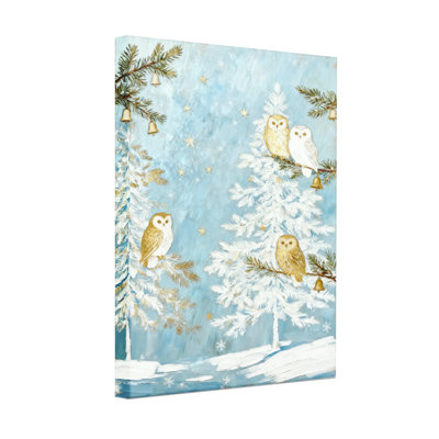 «Christmas Winter Owls», ensemble de 3 impressions sur toile, clochettes et étoiles