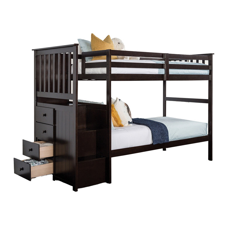 Lit superposé simple Riyo, unité de rangement encastrée, bois franc massif espresso