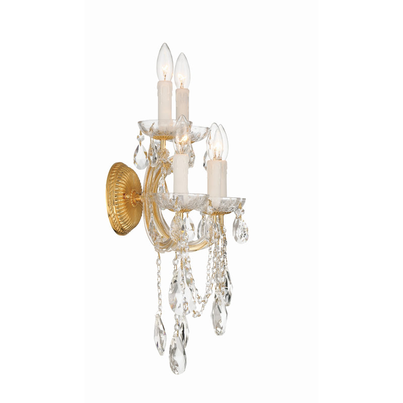 Bohemian 5 Light Crystal Candle Wall Sconce, Gold, Majestic Wood Polished