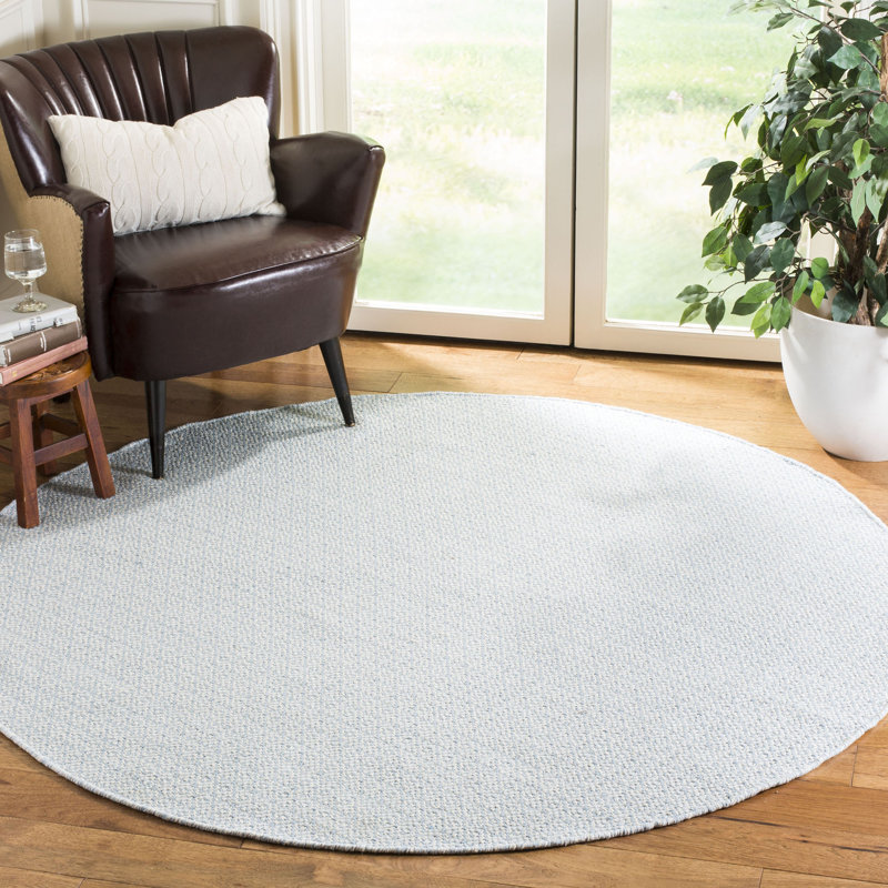 Tapis ivoire / bleu clair en coton tissé à plat à la main Bester, Rond 6 pi
