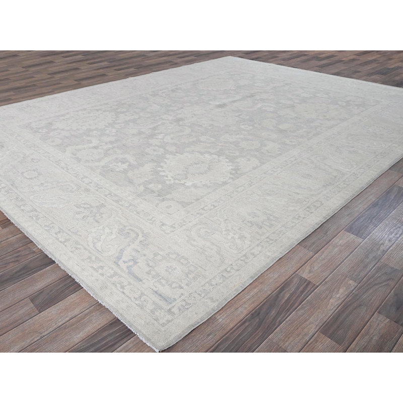 Tapis oriental tissé dense en laine pure noué à la main 8 pi 9 po x 11 pi 10 po gris clair avec motif de grandes feuilles 8 pi 9 po x 11 pi 10 po