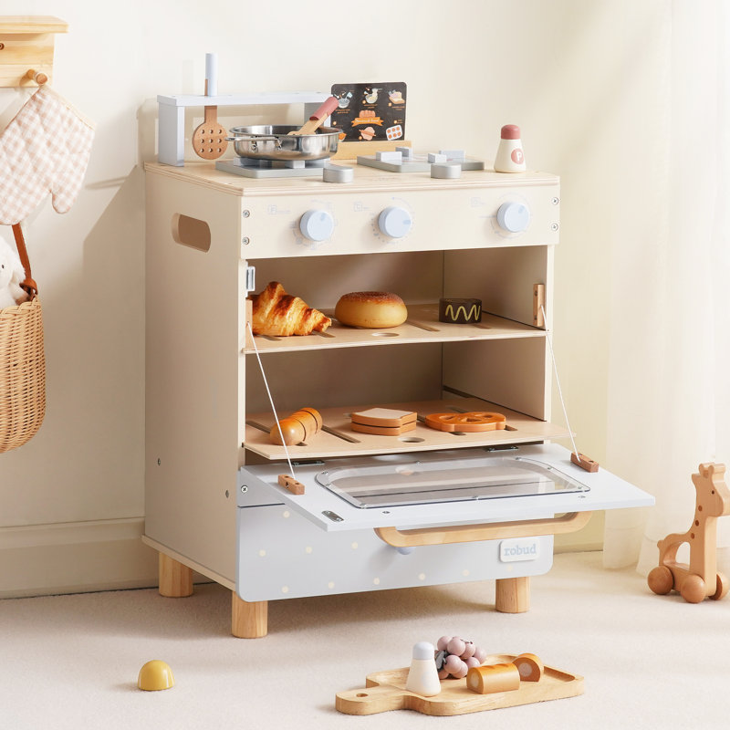 Four à jouets en bois pour enfants, ensemble de cuisine pour enfants avec cuisinière, four et tiroir de cuisson, ensemble de cuisine pour jouer avec accessoires