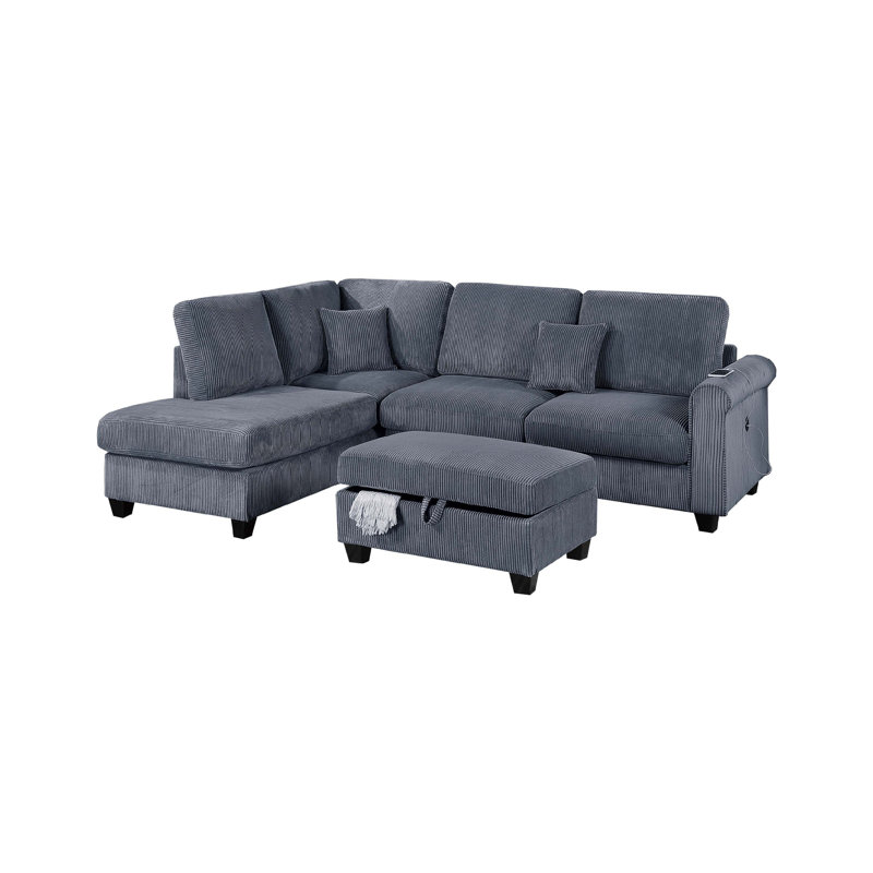 Ensemble de canapé modulaire 3 pièces avec méridienne, repose-pieds et 2 coussins Roe, Velours côtelé gris foncé