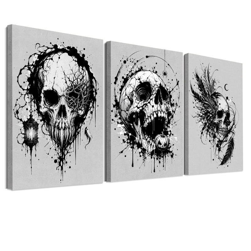 Trois crânes avec éclaboussures d'encre et ensemble de 3 toiles d'Halloween, H 30 po x l 20 po x 3 pièces