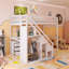 Lit mezzanine simple à structure en bois avec deux commodes, bureau et bande lumineuse-133202599