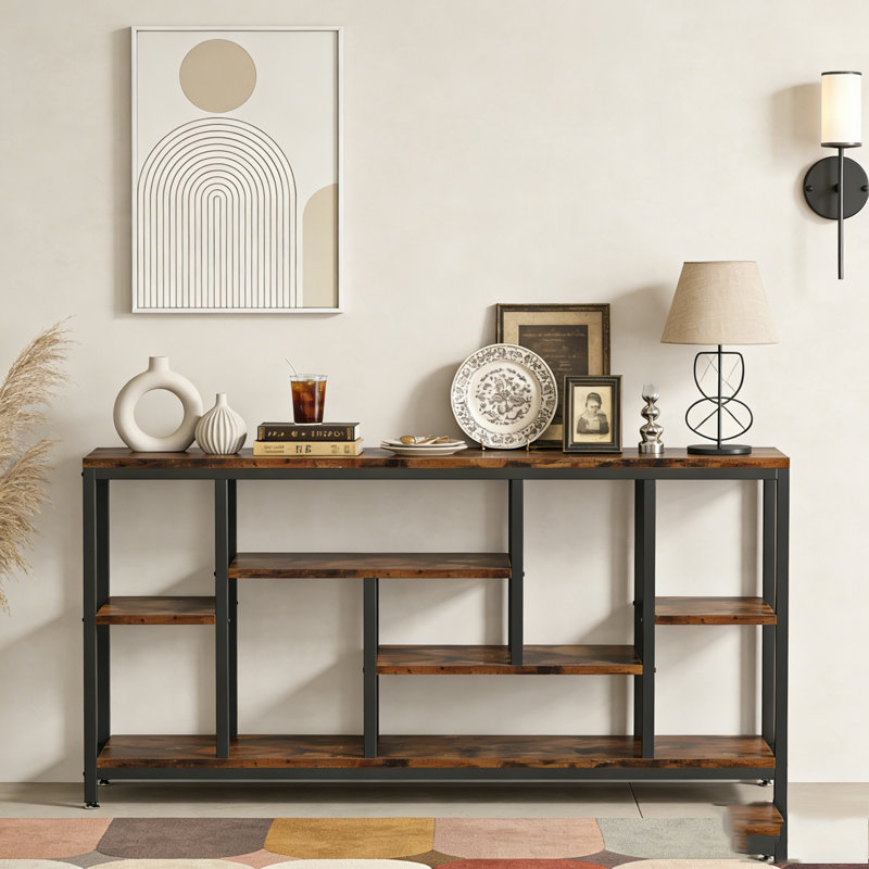 Entryway Sofa Table with Storage Shelves, Rustic Brown & Black