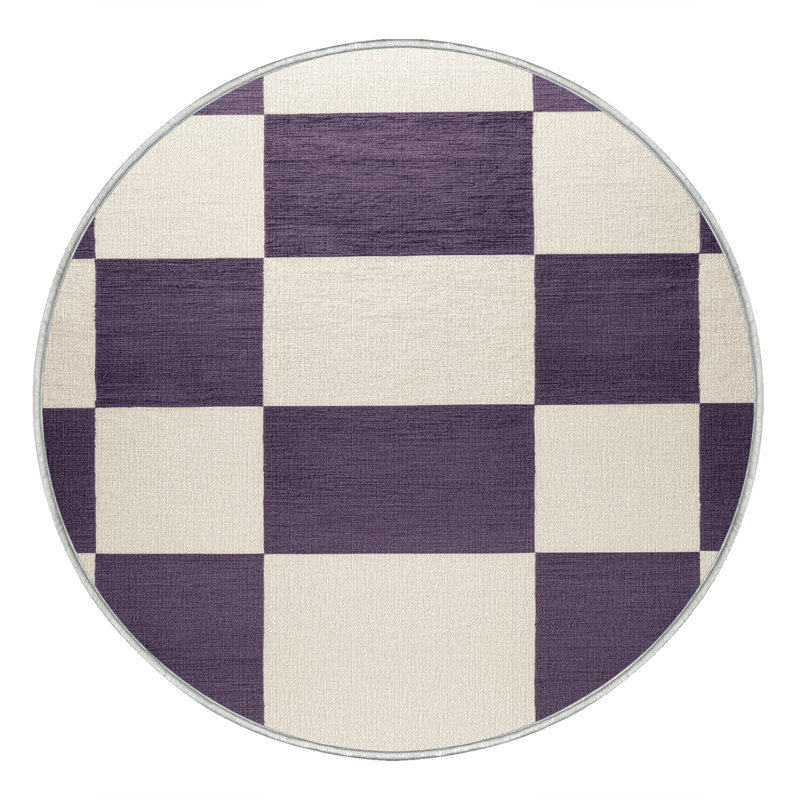 Machine Washable Checkered Beige Area Rug, Round 5'