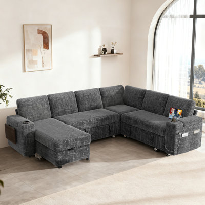 110" Modular Sectional Pull-Out Sofa With Side Table, Cupholders, Charging Ports