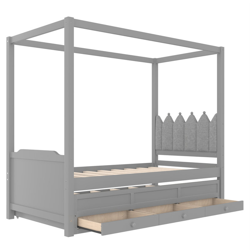 Lit plateforme simple avec tête de lit tapissier, lit gigogne simple et 3 tiroirs, cadre de lit à baldaquin princesse pour enfants, rangement et assemblage facile