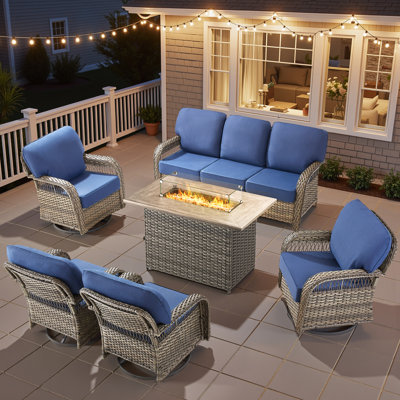 6-Piece Wicker Patio Furniture Set With 41'' Fire Pit Table, High Back Outdoor Furniture With Swivel Chairs, All-Weather Wicker Patio Conversation Set For Deck Yard Pool