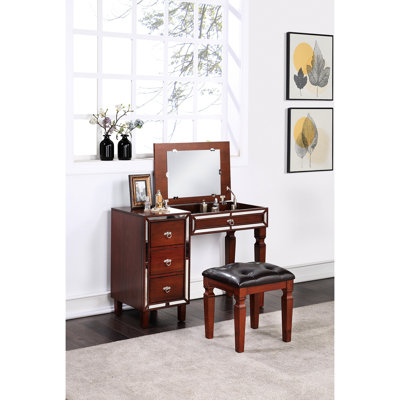 Meuble-lavabo classique de couleur cerise pour la chambre à coucher avec tabouret rembourré confortable et tiroirs rembourrés traditionnels
