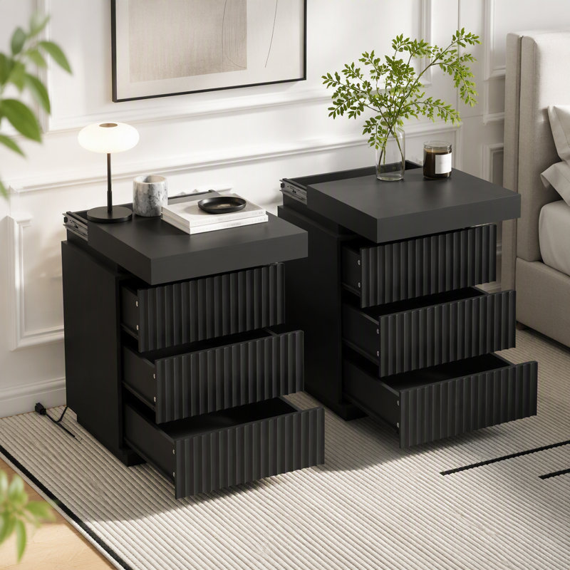 Ensemble de 2 tables de chevet avec station de charge et lumières DEL, Black